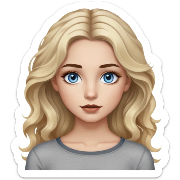 Girl with blue eyes. Blonde wavy hair with dark brown highlights. Long hair. Natural eyebrows with color like highlights. Painted eyelashes and lips lined with brown liner. With a gray long-sleeved crop top. Skinny in the face. sticker