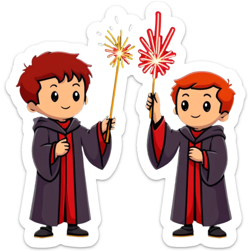 Fred and George Weasley with matching red hair and Gryffindor wizard robes, holding fireworks sticker