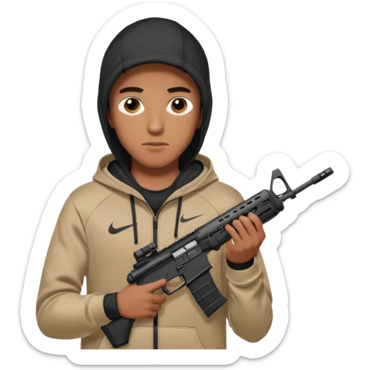 
Fais moi un jeune taliban qui ressemble qui tient une AR15 avec un hoodie a capuche, capuché, avec la cagoule nike therma fit hood sticker