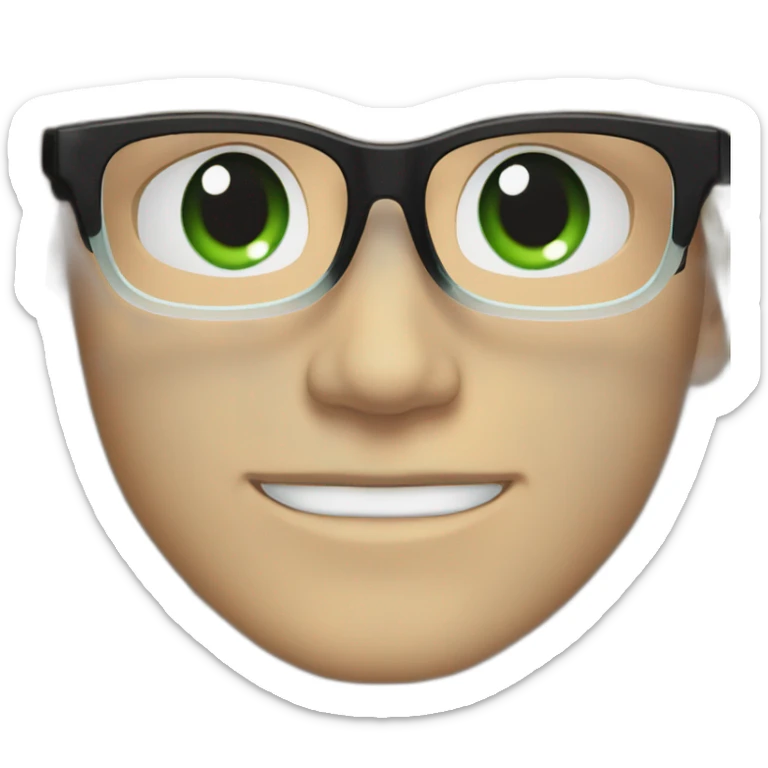 White man with clear glasses frames,swoopy black straight hair, blue-green eyes, smiling sticker
