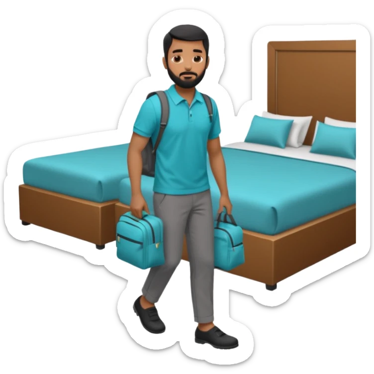 man with black short male hair and black hair and beard and hes in a office with his grey backpack on the floor and he has a tourquose polo shrit with gre dress pants and hes working at a hotel sticker