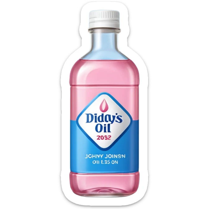 bottle of oil blue top pink outside with logo that says Diddys Oil Johnson and Johnson bottle  sticker