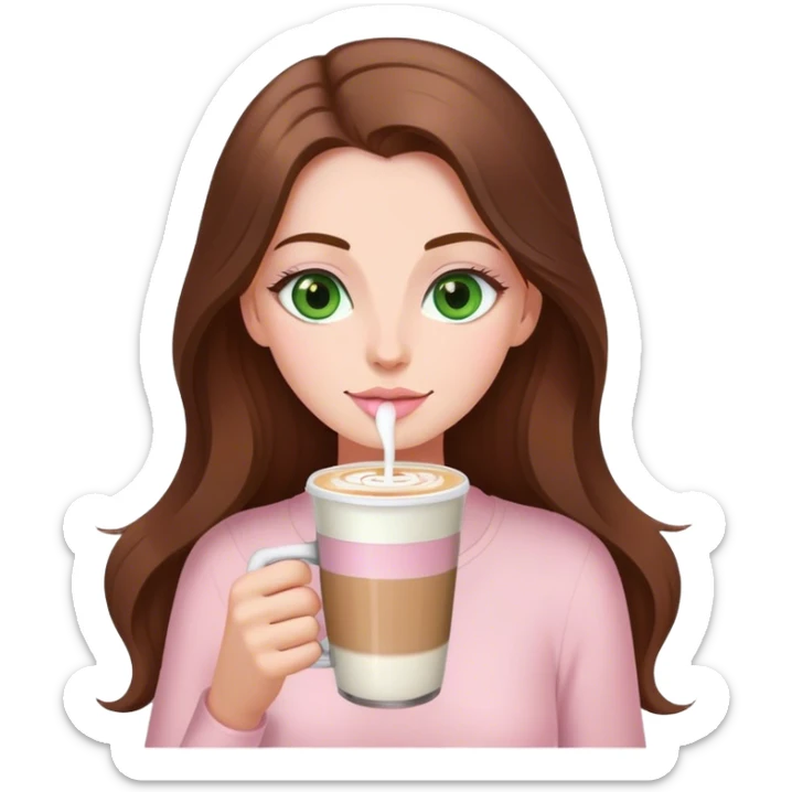 pretty woman with very long brown hair and green eyes and light pink outfit drinking a latte sticker