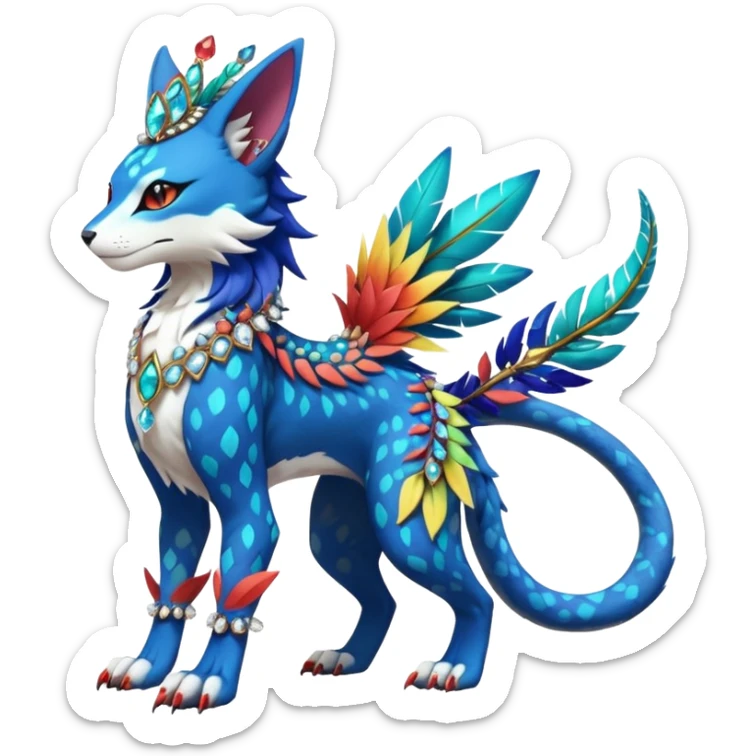 Kawaii cute colorful exotic tropical beautiful pretty elegant divine edgy feline-vernid-sergal-Fakémon-Pokémon-fursona-animal-creature with accessories, jewelries, full body, with intricate detailed markings, feathers, crystals, fins, headdress sticker