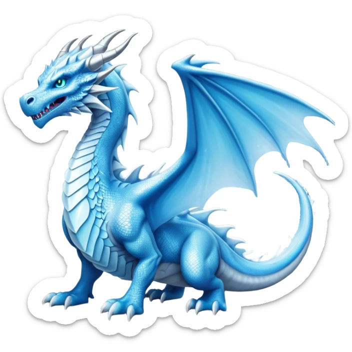 Cinematic Noble wise elegant Ice Dragon full body  Emoji, Poised and imposing, distinct long elegant snout, with a slender, scaled body shimmering in glacial hues of icy blue, frostbitten silver, and crystalline white, breathing out frost, with piercing, glowing ice blue white eyes that radiate the chilling depths of an arctic storm; rendered in detail. excuding wisdom sticker
