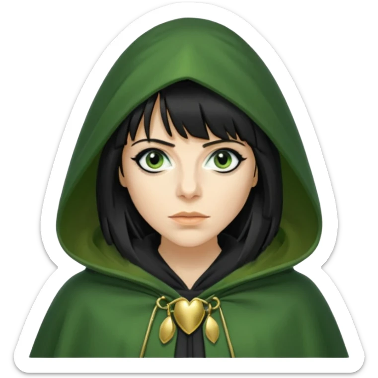 claudia winkleman with a heavy fringe as a traitor with a green hooded cloak with a gold clasp and dark black eyeliner sticker