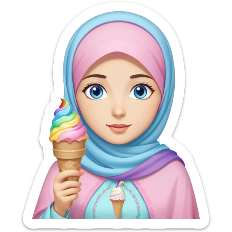 Turkish beautiful finish Konya girl blue eyes with ice cream pastel hijab islamic dress and had on her hand rainbow ice cream  sticker