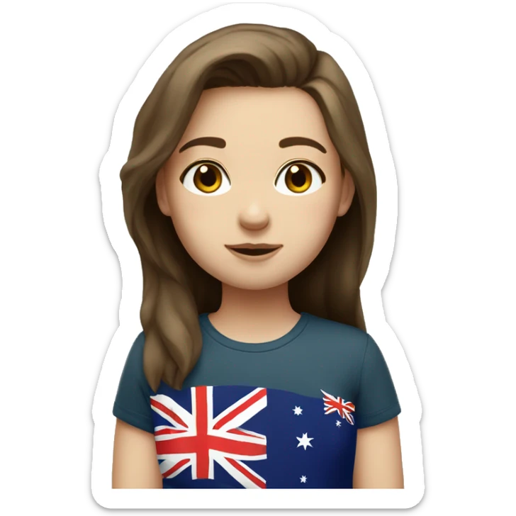 an Australian  girl with brown hair, pale skin, and with a t-shirt that has an Australian flag on it sticker