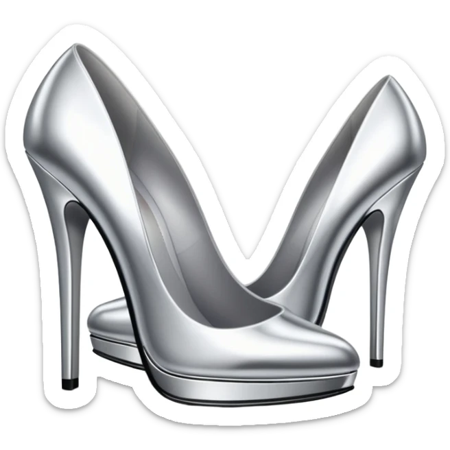 A pair of high heel shoes emoji made of polished silver chrome, elegant sharp silhouette, smooth metallic surface, glossy reflections, luxury sexy vibe, minimalistic iOS emoji style, centered, clean white background sticker