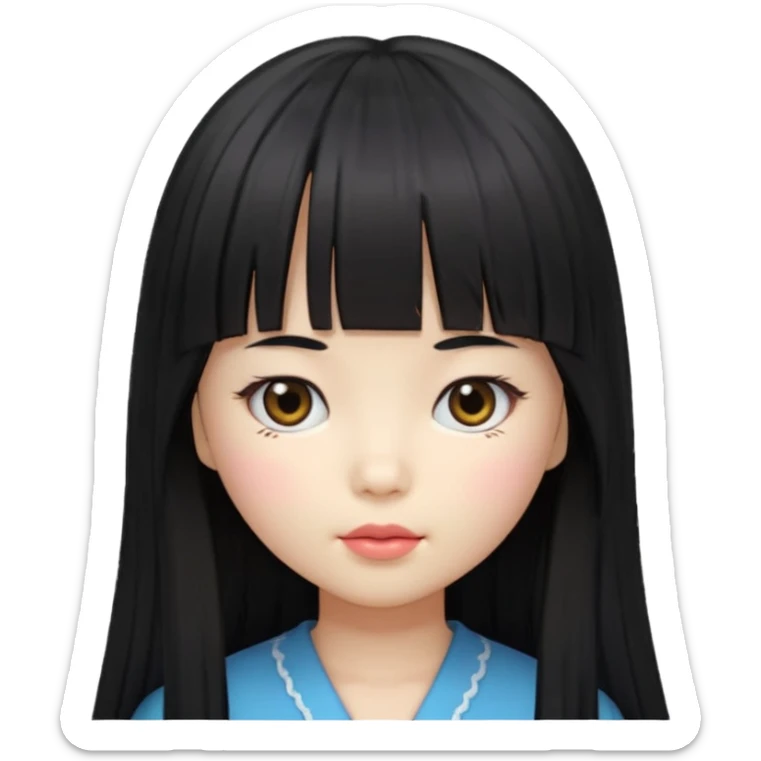 girl with long black hair, Korean style bangs, doll emoji style, head slightly tilted sticker