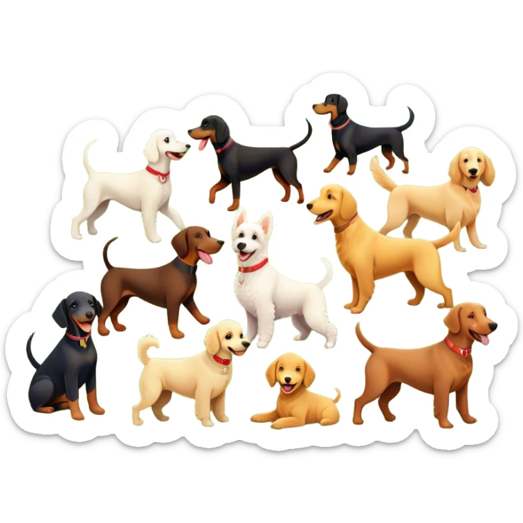 Collage of various dog breeds like Doberman, Poodle, Dachshund, and Golden Retriever, playing in a park with trees and grass. Some dogs run, others sit, all are full of energy and happiness. A joyful, colorful scene with playful expressions. Transparent background. sticker