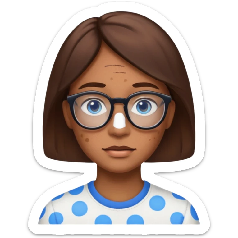 vitiligo emoji, with vitiligo spots around eyes and on the chin. brown hair, blue eyes, wearing glasses  sticker