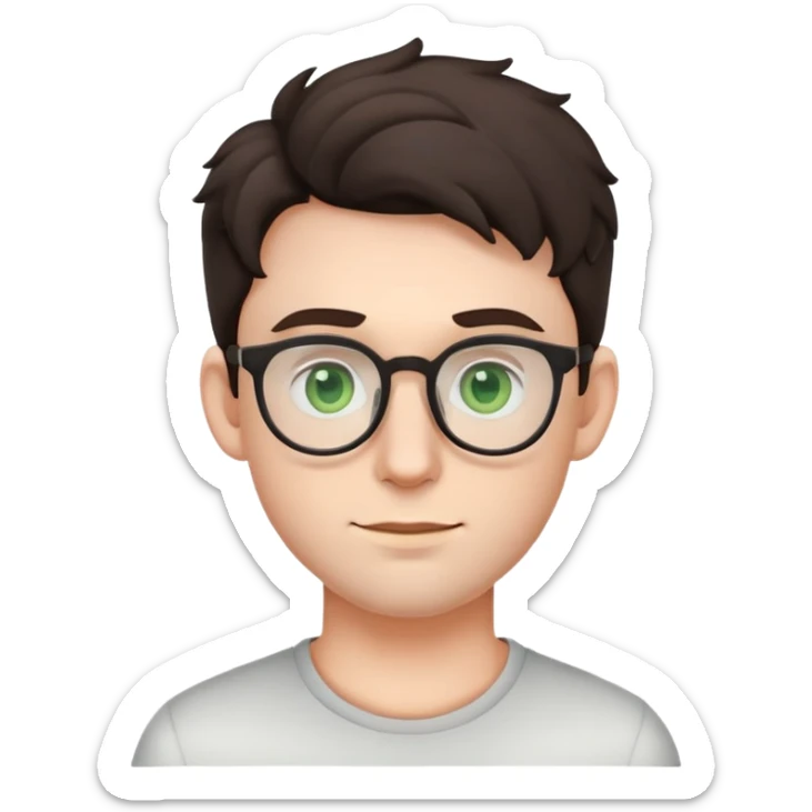 young male emoji with youthful face, poofier slightly curly dark hair, big ears, pale skin, glasses, green eyes, very light stubble sticker