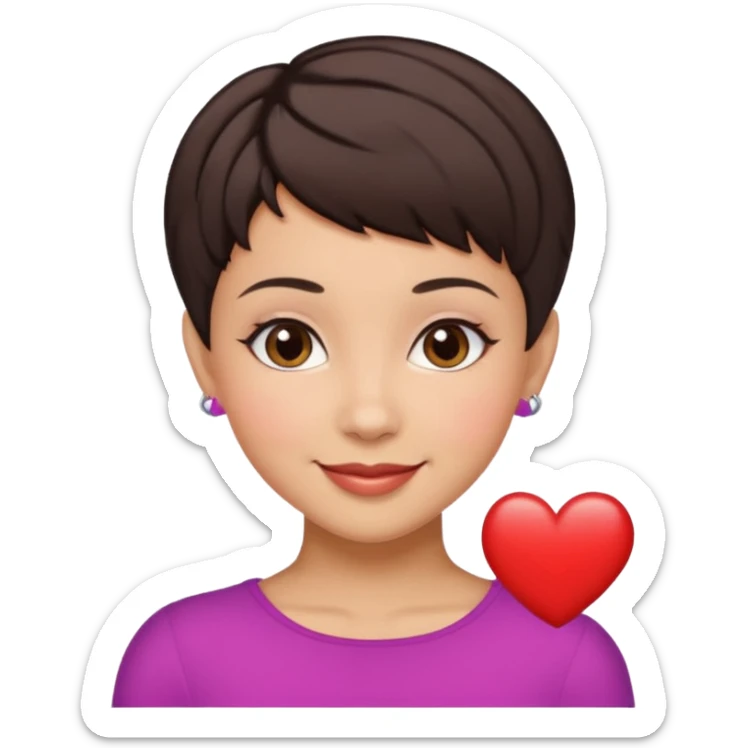 woman pixie cut dark brown hair with barrettes, hispanic, brown oval eyes, heart shaped face sticker