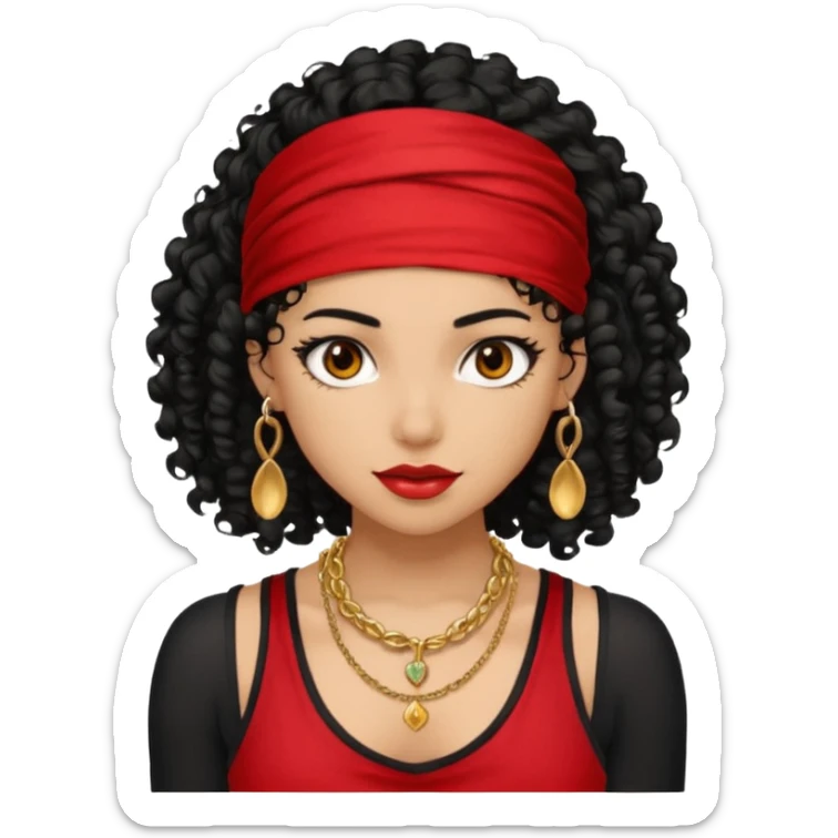 Baddie girl with black  tank top curly hairss and bandana and jwellery face only not body sticker