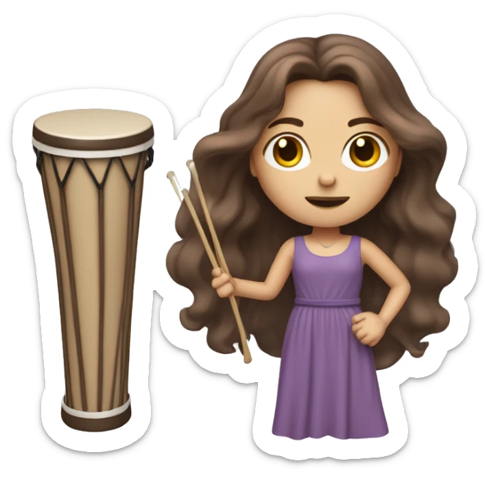 White woman standing with long flowing purple dress and long wavy brown hair holding a small handheld frame drum and a drum beater sticker