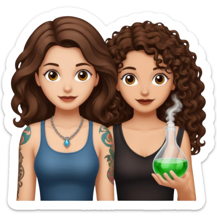 hiding potion — long wavy brown hair tattooed woman and short tight curly brown hair woman — guilty smile sticker