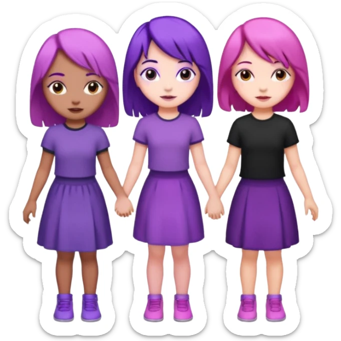 3 girls holding hand middle girl got purple hair left girl got pink hair right girl got black hair sticker