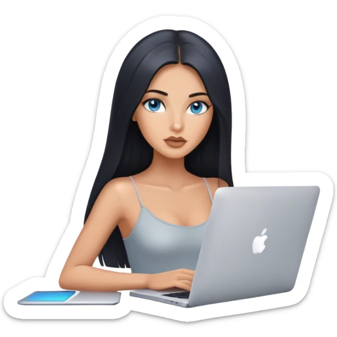 Glamours tanned very beautiful girl with pump nude lips and black straight smooth long hair, blue-grey eyes in top with one MacBook. sticker