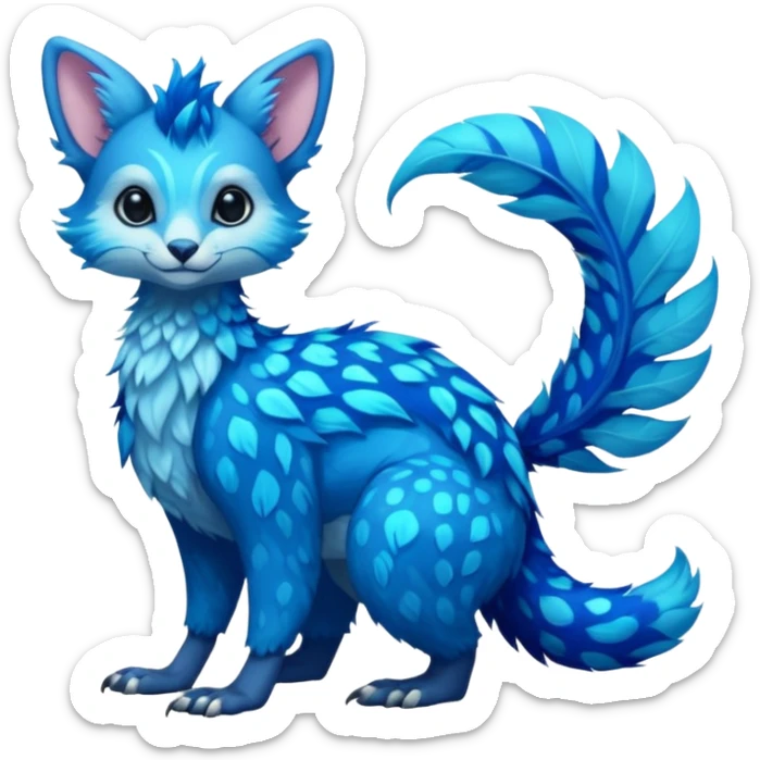 Feral Rare Fantasy shiny soft fuzzy furry vibrant tropical cobalt-blue and cyan Vernid-Trico-species-creature by LiLaiRa, random markings, tufted tail, tufted ears, full body sticker