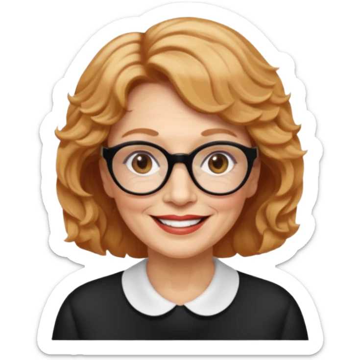 woman 70 years old, very short strawberry blonde weavy hair, brown eyes and round dark glasses smile sticker