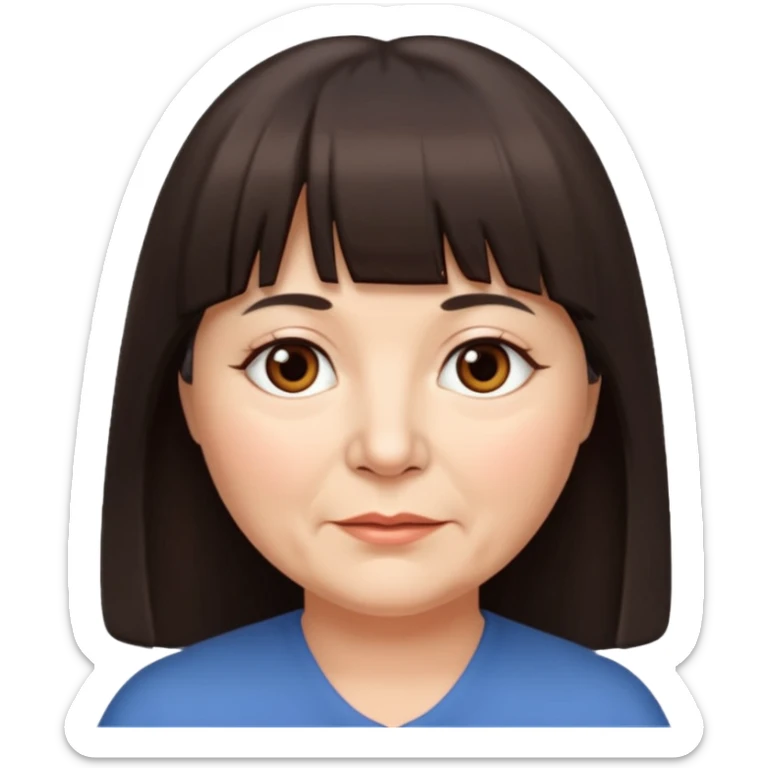 60 yr old woman, very small brown eyes, long straight dark brown hair, bangs, chubby, long face sticker