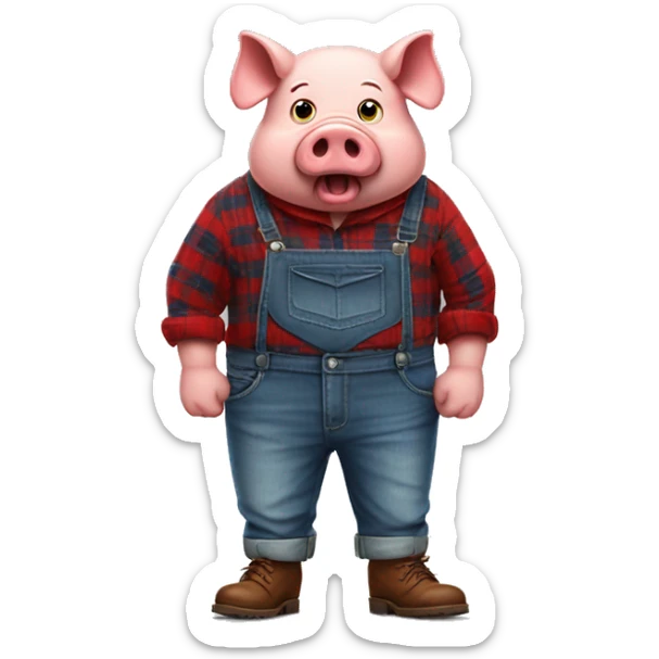 An angry humanoid pig wearing a red long sleeved flannel with blue jeans and brown shoes sticker