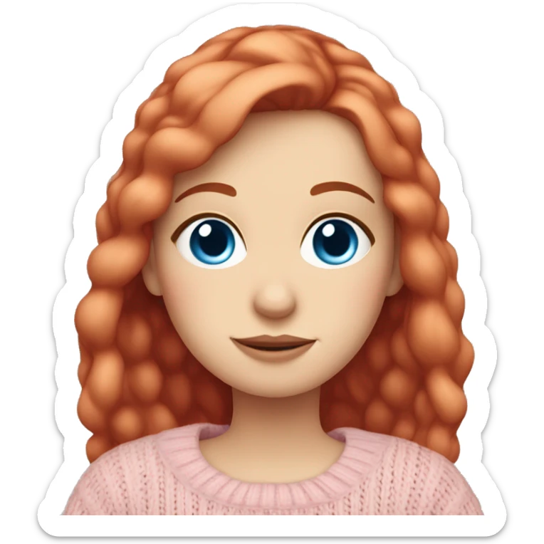 Pretty blue eyed white girl with red hair and light pink sweater reading cozy sticker