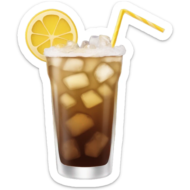 a hightball cocktail with 2 colors, brown on the bottom and light yellox on top with crush ice and a straw sticker