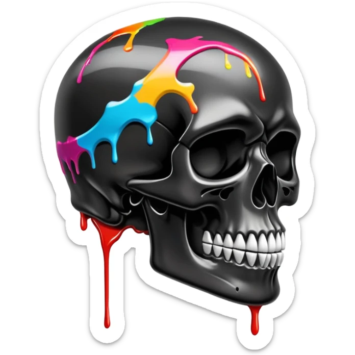 glossy black skull with street style colorful graffiti drips and iconic sports brand logos, side profile sticker
