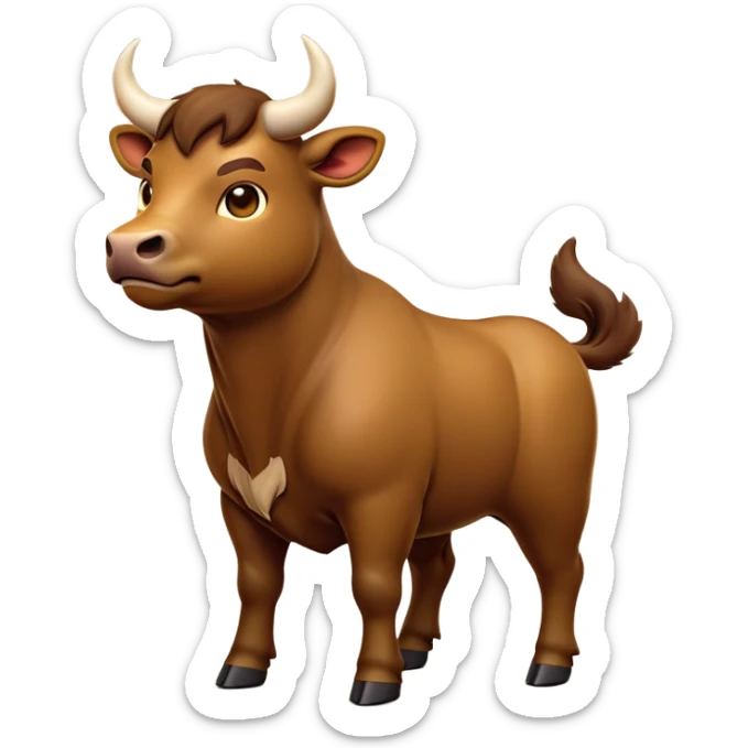 cinematic-[brown bull]-realistic-full-body-standing-emoji,-tail-flicking-lazily,-head-tilted-dramatically,-sleek-[brown]-fur,-simplified-yet-realistic-focused-features,-highly-detailed,-glowing-with-an-almost-sarcastic-glow sticker