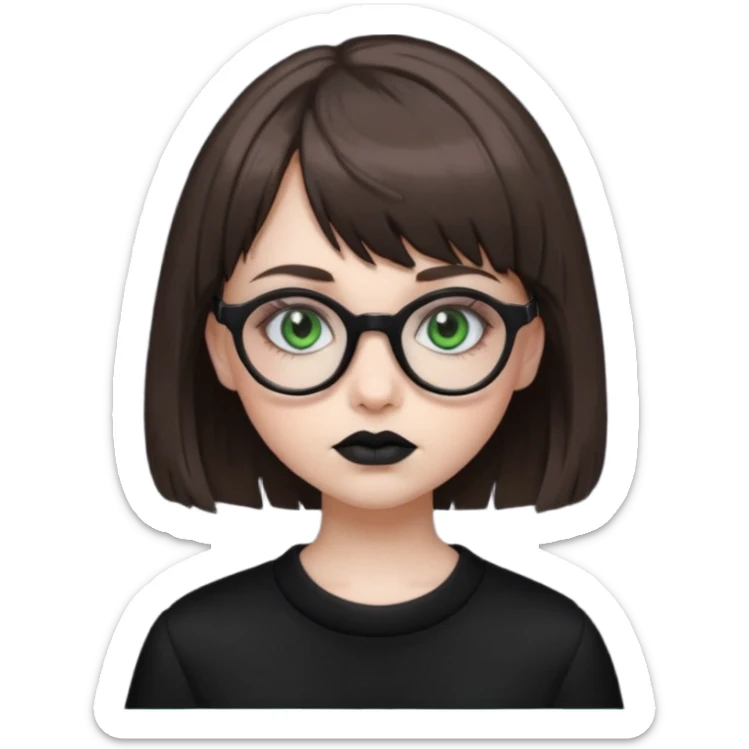 girl that has brown shaggy cut hair with baby bangs, has green eyes and wears glasses, she is goth  sticker