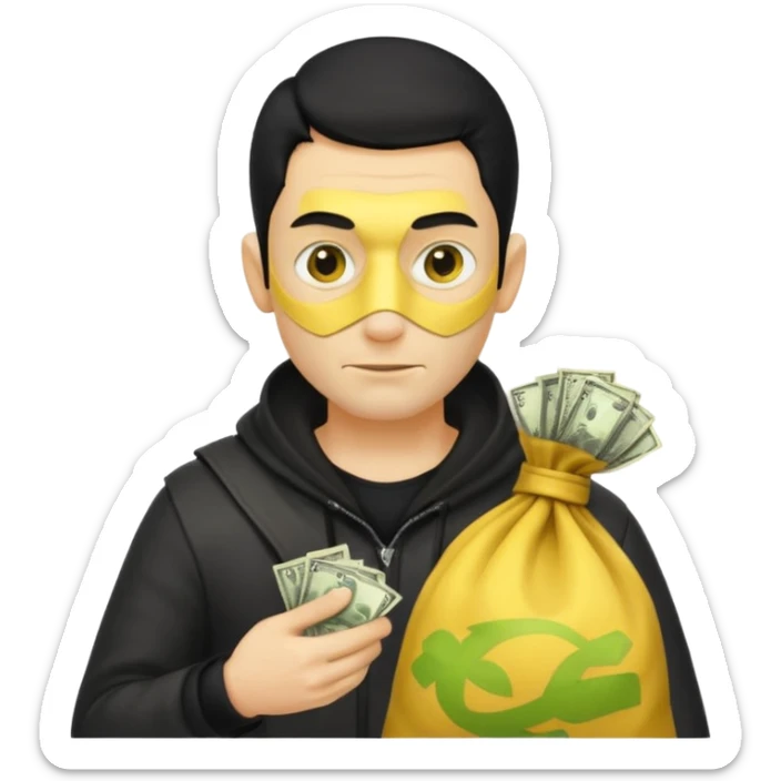 Ladrão com saco de dinheiro emoji efeito Mandela com pele amarelo com apenas a cabeça e os ombros aparecendo sem mãos sticker