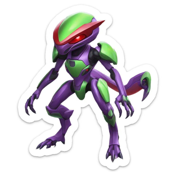a shiny purple-green-red Genesect-Raptor-Fakémon—hybrid with a futuristic visor-helmet full body sticker