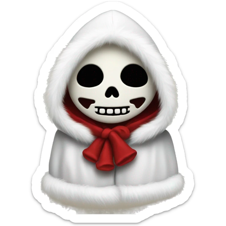 Cute, happy little skull wearing a red velvet hood with fluffy white fur trim. sticker