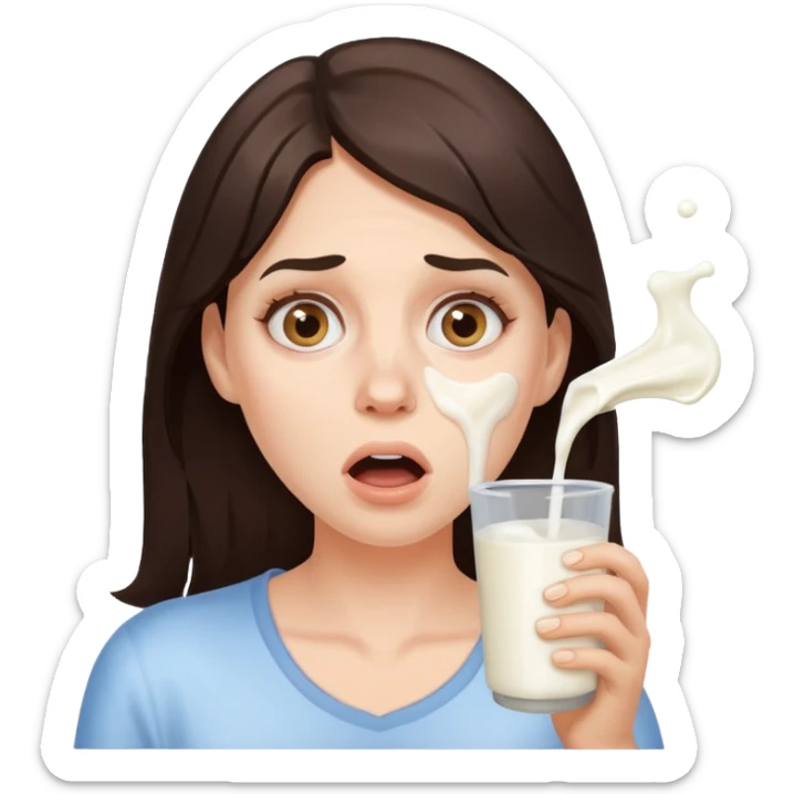 Brunette Woman with spilled milk on her face with a surprised face no glass  sticker