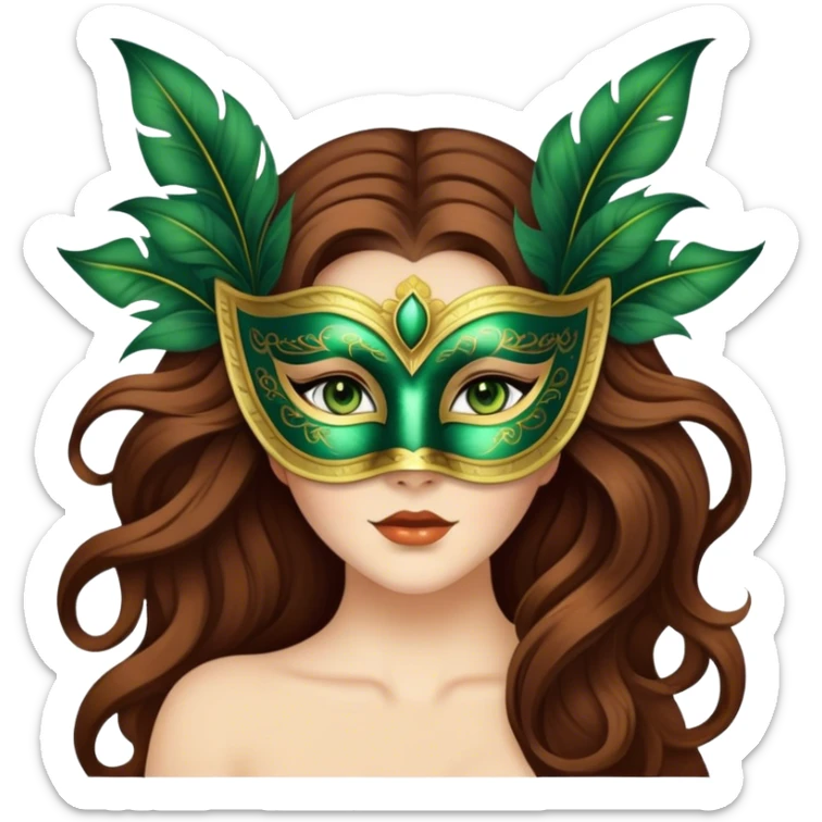 Greeneyed Woman with Long Brown hair venetian mask sticker