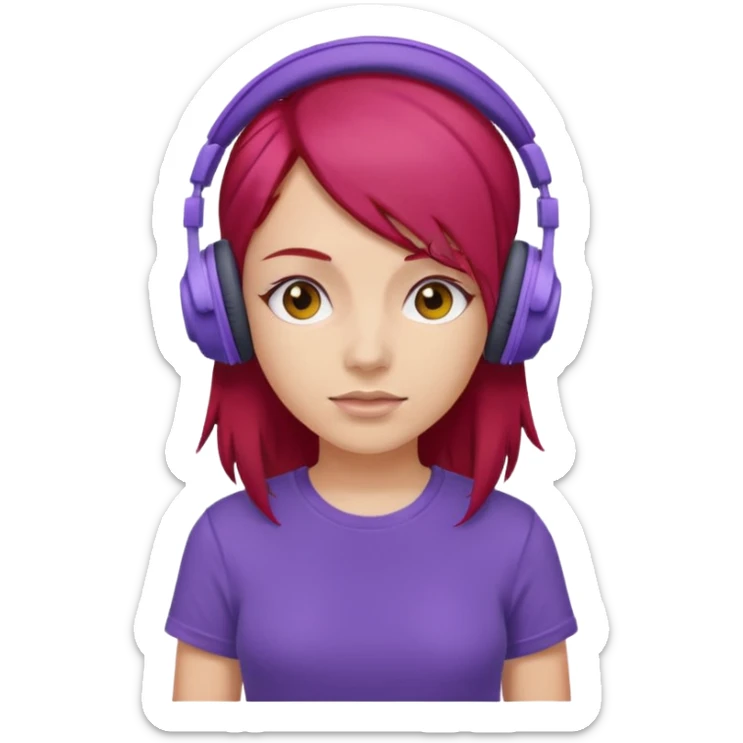 girl with purple headphones and tshirt red hair sticker