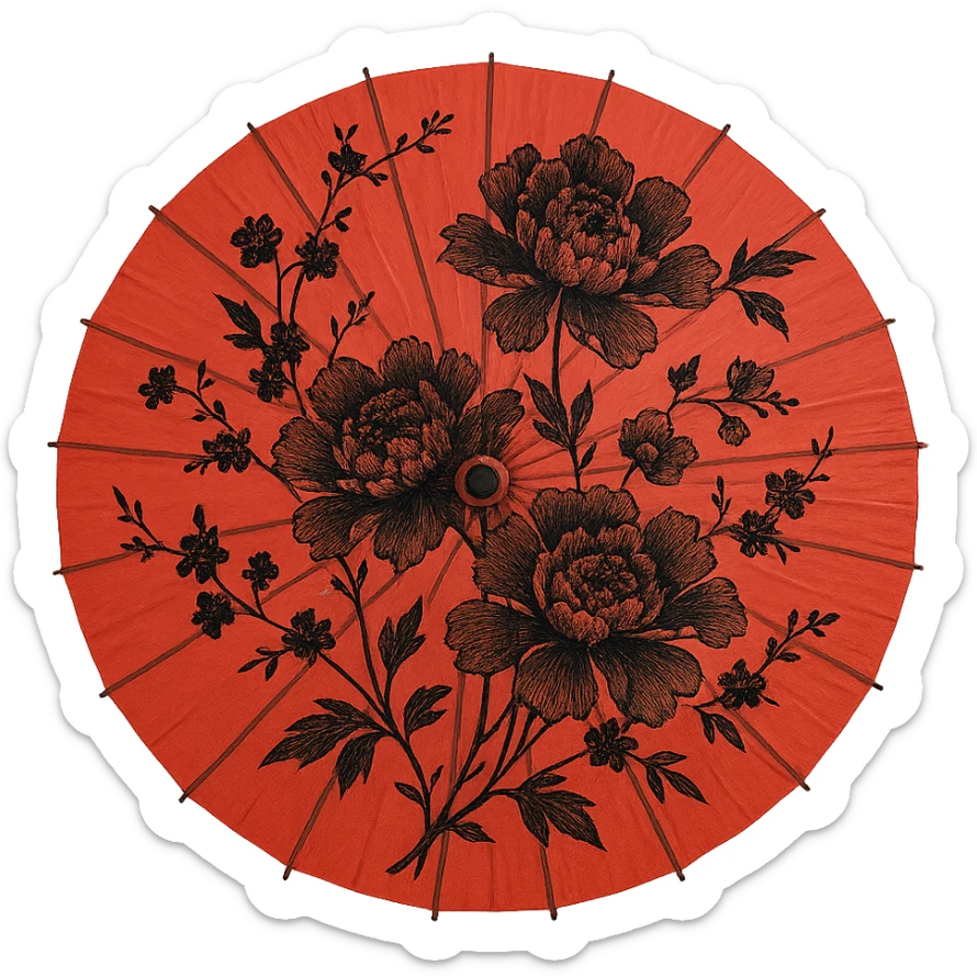 red Chinese parasol with black flowers, viewed from above, intricate floral design, minimal background sticker