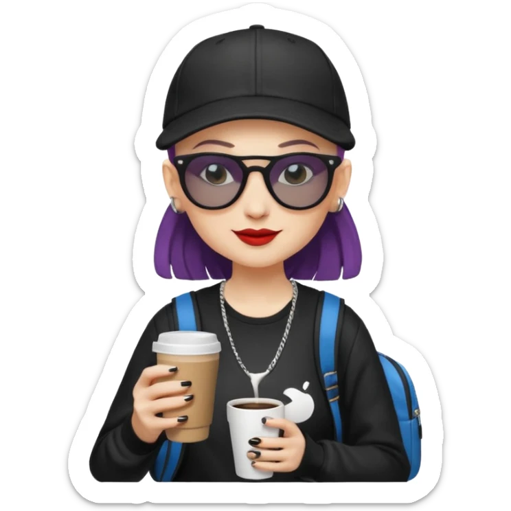 ["A happy woman with light skin, bald, wearing a baseball cap and sunglasses, dressed in goth fashion, is drinking coffee while holding a backpack."] sticker