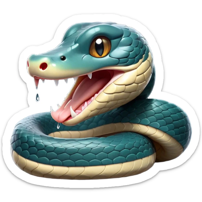 Cinematic Cute Yawning Chinese Water Snake Portrait Emoji, Head tilted slightly with a dramatic, wide-open yawn, showcasing a soft, glossy scaled body with gently drooping edges and half-closed, drowsy eyes, Simplified yet irresistibly adorable features, highly detailed, glowing with a soft, cozy aquatic glow, high shine, relaxed yet expressive, stylized with a dash of waterborn charm, soft glowing outline, capturing the essence of a sleepy yet affectionate water snake that seems ready to stretch out and rest in its watery domain! sticker