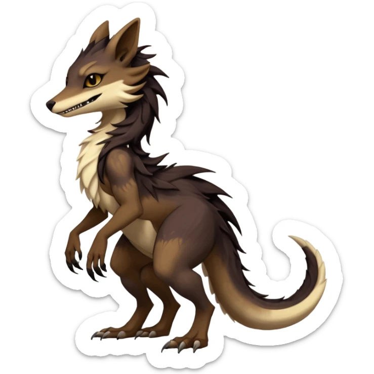 Brown and beige badass elegant wild beautiful natural cute badass epic exotic anthro modern furry 2-legged sergal-vernid-creature, full body, dark-brown-black-gradient pretty hair, with a long tufted tail, aesthetic, art by LiLaiRa, art by art by Falvie sticker