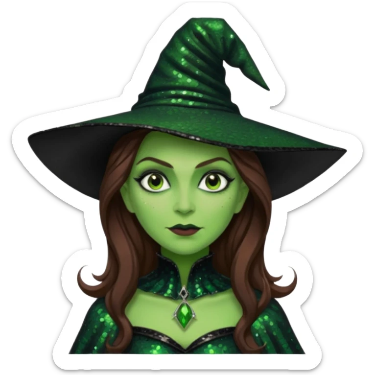 The Wicked Witch from Oz with long brown hair, green skin, black sequin outfit sticker