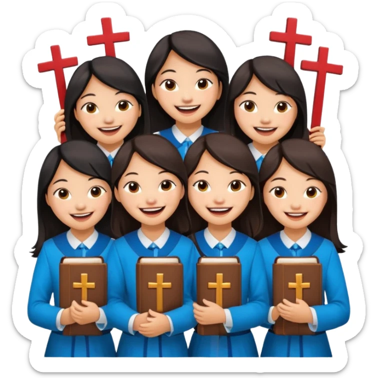 eight asian girls laughing with each other holding bibles and crosses and sticker