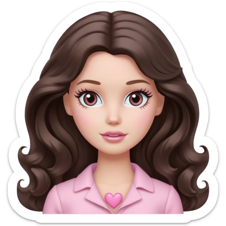 A white Barbie girl with long dark brown wavy hair in pale pink clothes has pale pink hearts instead of eyes, ogle sticker