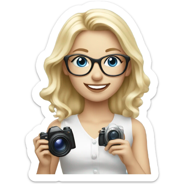 Elegant real blonde girl with glasses smiling blue eyes taking pictures with a camera  sticker