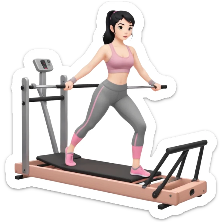 Create a Pilates emoji: a girl with fair skin and black hair, wearing a grey bra and grey leggings with pink pilates socks, exercising on a wooden reformer and not looking at the camera. Make the colors neutrals. sticker