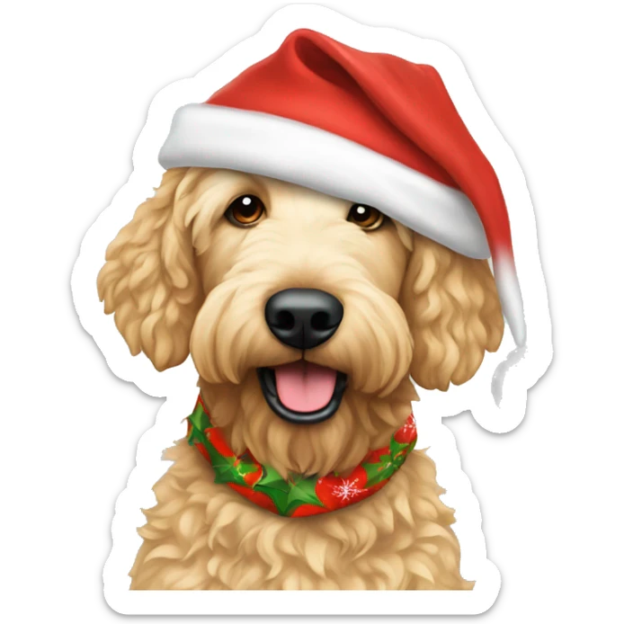 Golden Labrodoodle with a christmas themed bandana and a santa hat on sticker