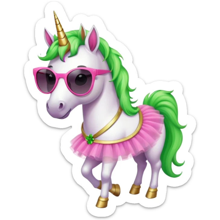 friendly anthropomorphised female unicorn with horse-like face, in tutu and pink t-shirt, wearing dark sunglasses, holding a shamrock or wearing a green accessory for St. Patrick's Day sticker