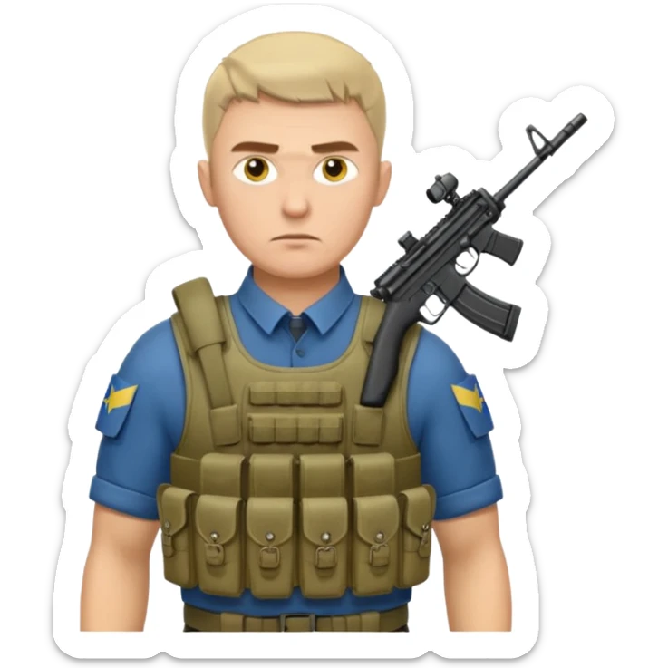 Ukrainian intelligance agency warrior man in platecarrier with nato riffle and ukrainian gerb sticker